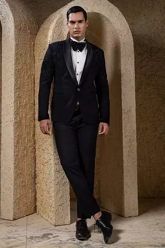 Black embroidered cotton tuxedo