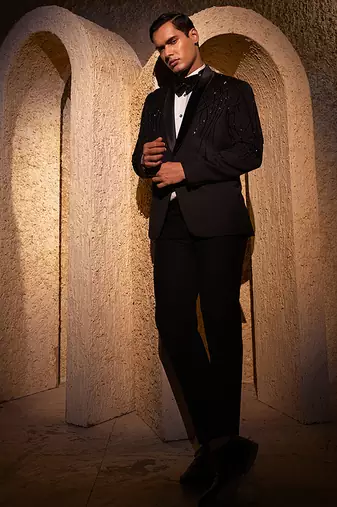 Black embroidered cotton tuxedo