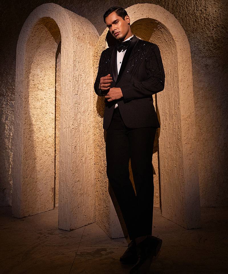 Black embroidered cotton tuxedo