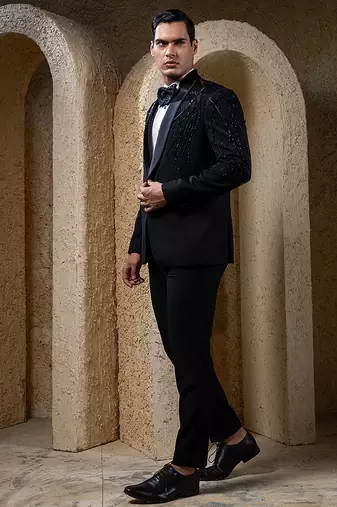 Black embroidered cotton tuxedo