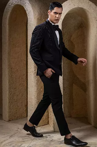 Black embroidered cotton tuxedo