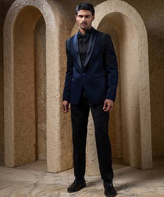Navy blue embroidered cotton tuxedo 1