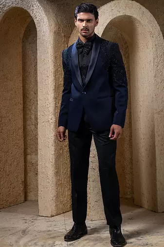 Navy blue embroidered cotton tuxedo