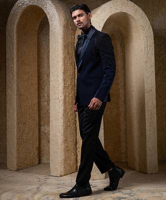 Navy blue embroidered cotton tuxedo 2