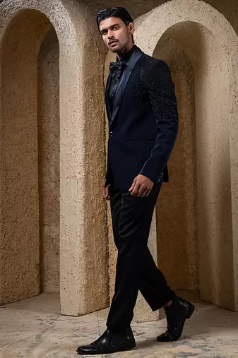 Navy blue embroidered cotton tuxedo