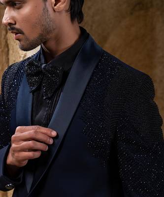 Navy blue embroidered cotton tuxedo 3