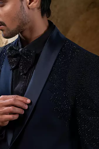 Navy blue embroidered cotton tuxedo