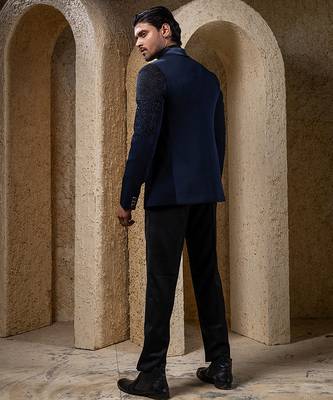 Navy blue embroidered cotton tuxedo 4
