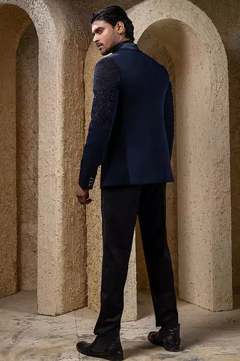 Navy blue embroidered cotton tuxedo