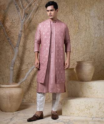 Pink embroidered viscose jacket paired with kurta & pant 1