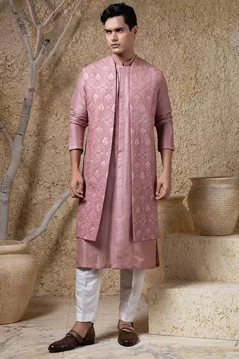 Pink embroidered viscose jacket paired with kurta & pant