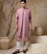 Pink embroidered viscose jacket paired with kurta & pant