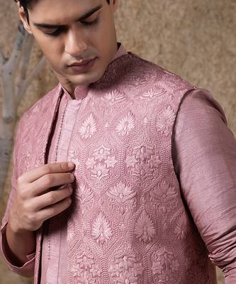 Pink embroidered viscose jacket paired with kurta & pant 2