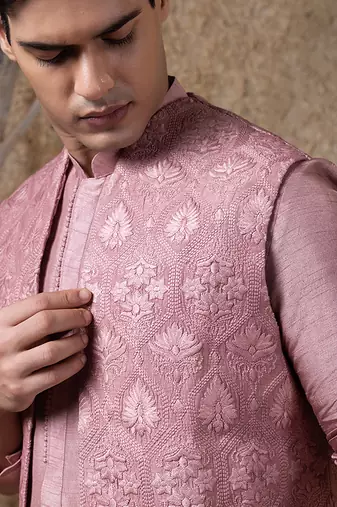 Pink embroidered viscose jacket paired with kurta & pant