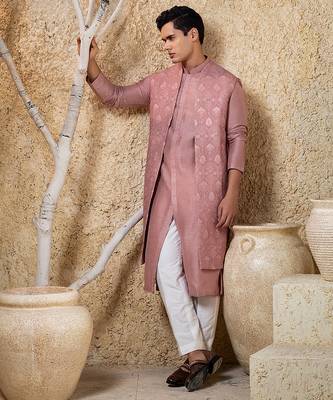 Pink embroidered viscose jacket paired with kurta & pant 3