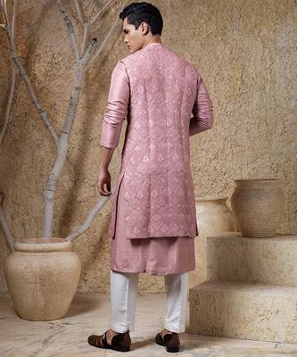 Pink embroidered viscose jacket paired with kurta & pant 4