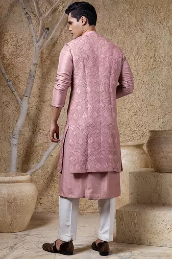 Pink embroidered viscose jacket paired with kurta & pant