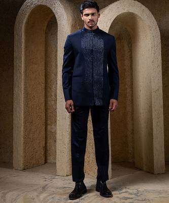 Navy blue embroidered cotton bandhgala suit 1