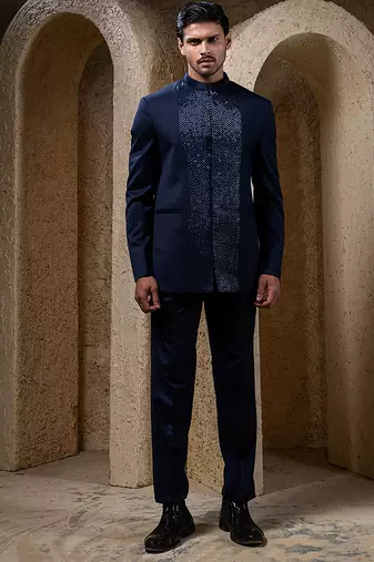 Navy blue embroidered cotton bandhgala suit