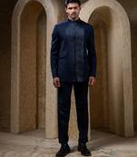 Navy blue embroidered cotton bandhgala suit