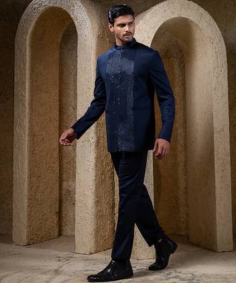 Navy blue embroidered cotton bandhgala suit 2