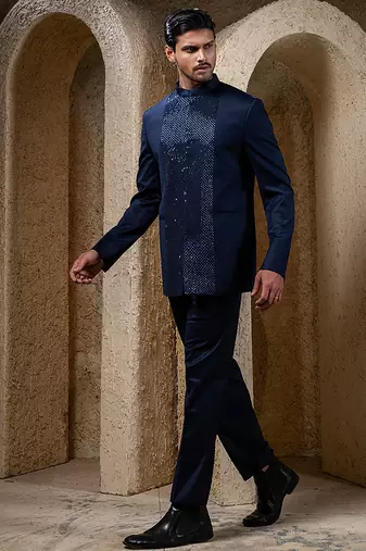 Navy blue embroidered cotton bandhgala suit