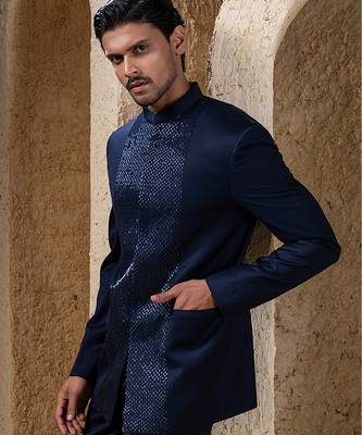 Navy blue embroidered cotton bandhgala suit 3
