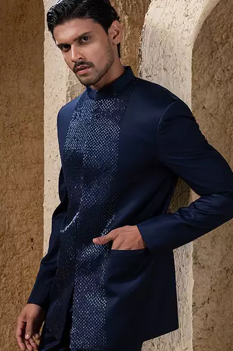 Navy blue embroidered cotton bandhgala suit