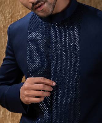 Navy blue embroidered cotton bandhgala suit 4