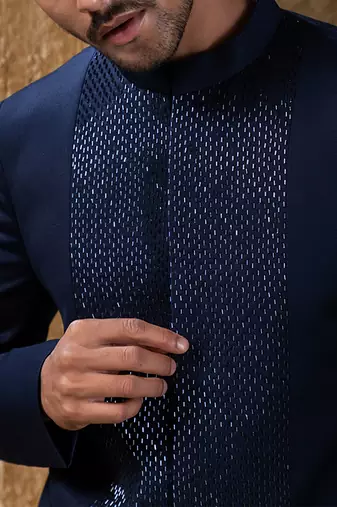 Navy blue embroidered cotton bandhgala suit