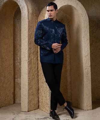 Blue embroidered cotton bandhgala suit 1