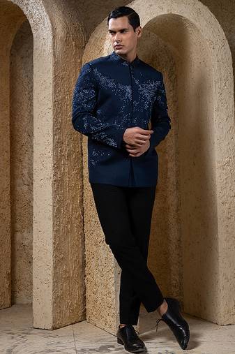 Blue embroidered cotton bandhgala suit