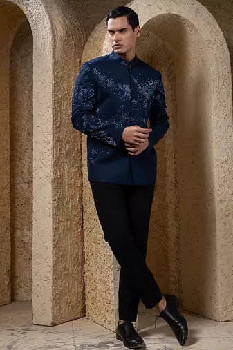 Blue embroidered cotton bandhgala suit