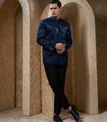 Blue embroidered cotton bandhgala suit