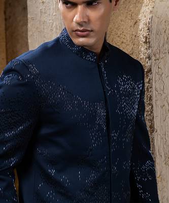 Blue embroidered cotton bandhgala suit 2