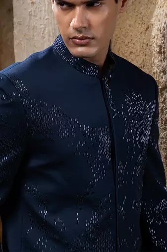 Blue embroidered cotton bandhgala suit