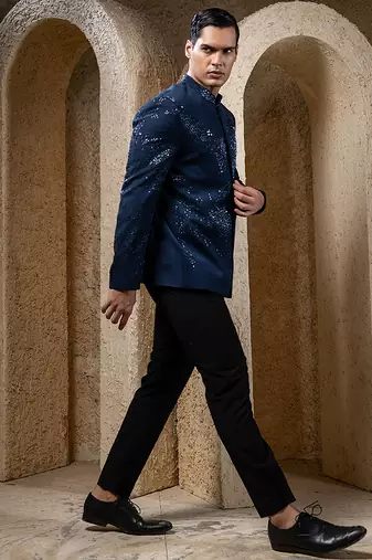Blue embroidered cotton bandhgala suit