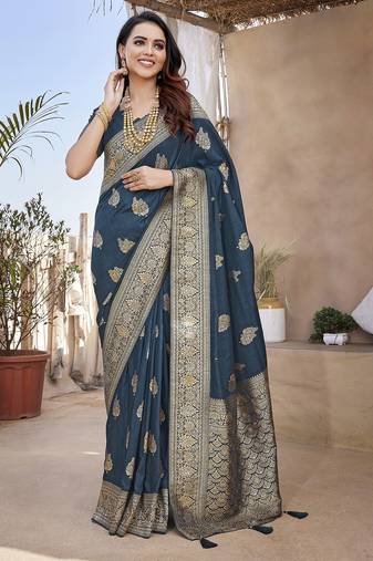 Navy blue butta zari jacquard silk blend paithani saree