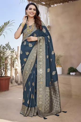 Navy blue butta zari jacquard silk blend paithani saree