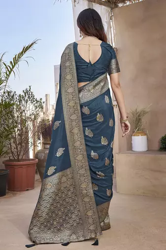Navy blue butta zari jacquard silk blend paithani saree