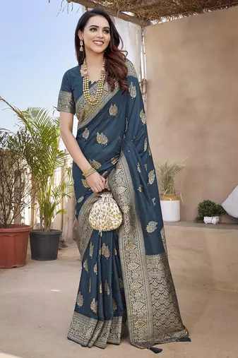 Navy blue butta zari jacquard silk blend paithani saree