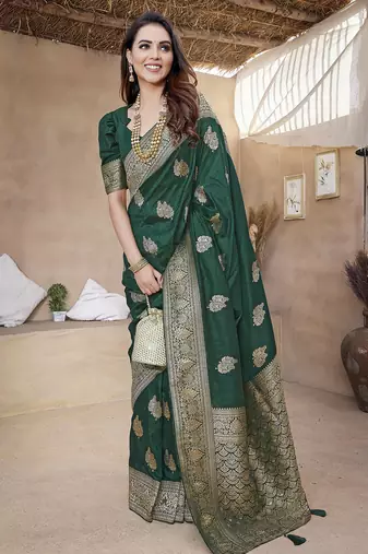 Dark green butta zari jacquard silk blend paithani saree