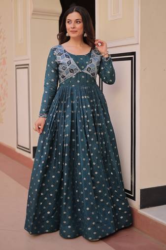 Green color staple jacquard beautiful festive wear gown for girls