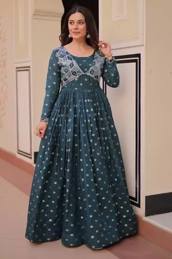 Green color staple jacquard beautiful festive wear gown for girls