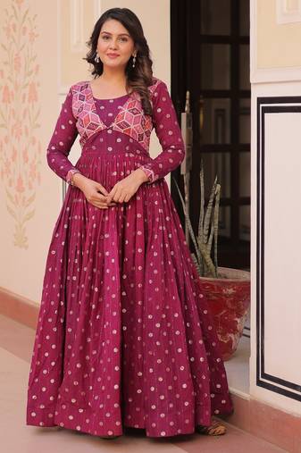 Wine color staple jacquard beautiful festive wear gown for girls