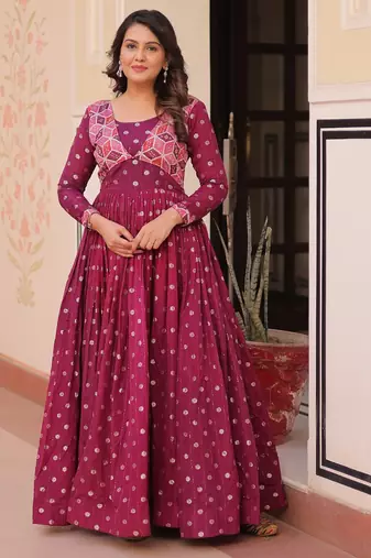 Wine color staple jacquard beautiful festive wear gown for girls