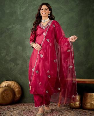 Cherry color smart silk blend embroidery ceremonial kurta set 1