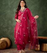 Cherry color smart silk blend fabric designer embroidery work ceremonial kurta set