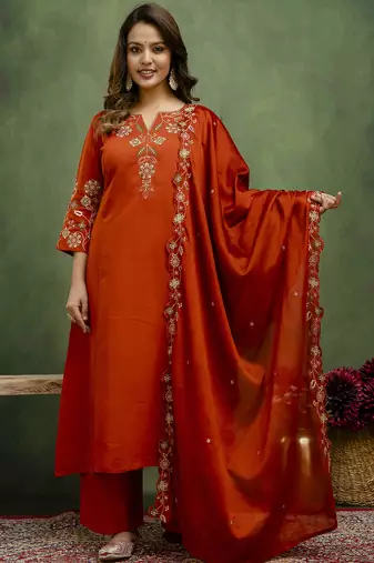 Rust color silk blend designer embroidery work heavy looks salwar kameez
