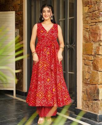 Red color rayon palzzo kurta dress for party looks 1